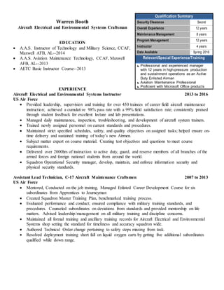 Warren Booth
Aircraft Electrical and Environmental Systems Craftsman
EDUCATION
 A.A.S. Instructor of Technology and Military Science, CCAF,
Maxwell AFB, AL--2014
 A.A.S. Aviation Maintenance Technology, CCAF, Maxwell
AFB, AL--2013
 AETC Basic Instructor Course--2013
EXPERIENCE
Aircraft Electrical and Environmental Systems Instructor 2013 to 2016
US Air Force
 Provided leadership, supervision and training for over 450 trainees of career field aircraft maintenance
instruction; achieved a cumulative 98% pass rate with a 99% field satisfaction rate; consistently praised
through student feedback for excellent lecture and lab presentations.
 Managed daily maintenance, inspection, troubleshooting, and development of aircraft system trainers.
 Trained newly assigned personnel on current standards and procedures.
 Maintained strict specified schedules, safety, and quality objectives on assigned tasks; helped ensure on-
time delivery and sustained training of today’s new Airmen.
 Subject matter expert on course material. Creating test objectives and questions to meet course
requirements.
 Delivered over 2000hrs of instruction to active duty, guard, and reserve members of all branches of the
armed forces and foreign national students from around the world.
 Squadron Operational Security manager, develop, maintain, and enforce information security and
physical security standards.
Assistant Lead Technician, C-17 Aircraft Maintenance Craftsmen 2007 to 2013
US Air Force
 Mentored, Conducted on the job training, Managed Enlisted Career Development Course for six
subordinates from Apprentices to Journeyman
 Created Squadron Master Training Plan, benchmarked training process.
 Evaluated performance and conduct; ensured compliance with military training standards, and
procedures. Counseled subordinates on deviations from standards and provided mentorship on life
matters. Advised leadership/management on all military training and discipline concerns.
 Maintained all formal training and ancillary training records for Aircraft Electrical and Environmental
Systems shop setting the standard for timeliness and accuracy squadron wide.
 Authored Technical Order change pertaining to safety steps missing from task.
 Resolved deployment training short fall on liquid oxygen carts by getting five additional subordinates
qualified while down range.
Qualification Summary
Security Clearance Secret
Overall Experience 12 years
Maintenance Management 8 years
Program Management 12 years
Instructor 4 years
Date Available Spring 2016
Relevant/Special Experience/Training
 Professional and experienced manager
with 12 years in high-pressure production
and sustainment operations as an Active
Duty Enlisted Airman
 Aviation Maintenance Professional
 Proficient with Microsoft Office products
 