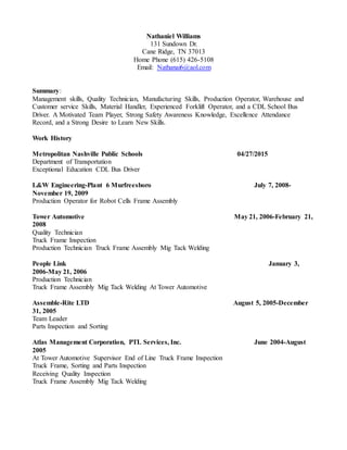 Nathaniel Williams
131 Sundown Dr.
Cane Ridge, TN 37013
Home Phone (615) 426-5108
Email: Nathanai6@aol.com
Summary:
Management skills, Quality Technician, Manufacturing Skills, Production Operator, Warehouse and
Customer service Skills, Material Handler, Experienced Forklift Operator, and a CDL School Bus
Driver. A Motivated Team Player, Strong Safety Awareness Knowledge, Excellence Attendance
Record, and a Strong Desire to Learn New Skills.
Work History
Metropolitan Nashville Public Schools 04/27/2015
Department of Transportation
Exceptional Education CDL Bus Driver
L&W Engineering-Plant 6 Murfreesboro July 7, 2008-
November 19, 2009
Production Operator for Robot Cells Frame Assembly
Tower Automotive May 21, 2006-February 21,
2008
Quality Technician
Truck Frame Inspection
Production Technician Truck Frame Assembly Mig Tack Welding
People Link January 3,
2006-May 21, 2006
Production Technician
Truck Frame Assembly Mig Tack Welding At Tower Automotive
Assemble-Rite LTD August 5, 2005-December
31, 2005
Team Leader
Parts Inspection and Sorting
Atlas Management Corporation, PTL Services, Inc. June 2004-August
2005
At Tower Automotive Supervisor End of Line Truck Frame Inspection
Truck Frame, Sorting and Parts Inspection
Receiving Quality Inspection
Truck Frame Assembly Mig Tack Welding
 