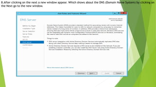 8.After clicking on the next a new window appear. Which shows about the DNS (Domain Name System) by clicking on
the Next go to the new window.
 