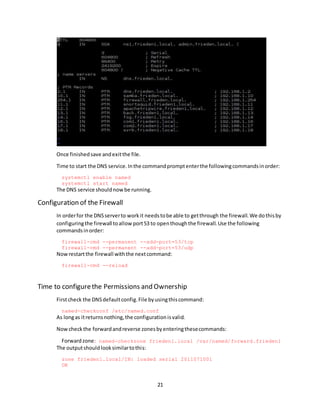 21
Once finishedsave andexitthe file.
Time to start the DNS service.Inthe commandpromptenterthe followingcommandsinorder:
systemctl enable named
systemctl start named
The DNS service shouldnowbe running.
Configuration of the Firewall
In orderfor the DNSserverto workit needstobe able to getthrough the firewall.We dothisby
configuringthe firewall toallowport53 to openthoughthe firewall.Use the following
commandsinorder:
firewall-cmd --permanent --add-port=53/tcp
firewall-cmd --permanent --add-port=53/udp
Nowrestartthe firewall withthe nextcommand:
firewall-cmd --reload
Time to configurethe Permissions and Ownership
Firstcheck the DNSdefaultconfig.File byusingthiscommand:
named-checkconf /etc/named.conf
As longas itreturnsnothing,the configurationisvalid.
Nowcheckthe forwardandreverse zonesbyenteringthesecommands:
Forwardzone: named-checkzone frieden1.local /var/named/forward.frieden1
The outputshouldlooksimilartothis:
zone frieden1.local/IN: loaded serial 2011071001
OK
 