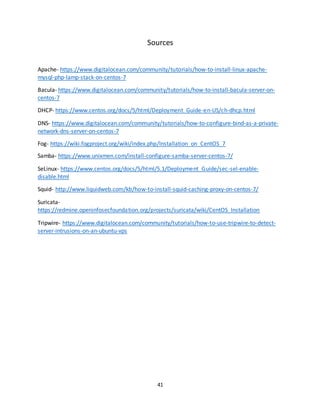 41
Sources
Apache- https://www.digitalocean.com/community/tutorials/how-to-install-linux-apache-
mysql-php-lamp-stack-on-centos-7
Bacula- https://www.digitalocean.com/community/tutorials/how-to-install-bacula-server-on-
centos-7
DHCP- https://www.centos.org/docs/5/html/Deployment_Guide-en-US/ch-dhcp.html
DNS- https://www.digitalocean.com/community/tutorials/how-to-configure-bind-as-a-private-
network-dns-server-on-centos-7
Fog- https://wiki.fogproject.org/wiki/index.php/Installation_on_CentOS_7
Samba- https://www.unixmen.com/install-configure-samba-server-centos-7/
SeLinux- https://www.centos.org/docs/5/html/5.1/Deployment_Guide/sec-sel-enable-
disable.html
Squid- http://www.liquidweb.com/kb/how-to-install-squid-caching-proxy-on-centos-7/
Suricata-
https://redmine.openinfosecfoundation.org/projects/suricata/wiki/CentOS_Installation
Tripwire- https://www.digitalocean.com/community/tutorials/how-to-use-tripwire-to-detect-
server-intrusions-on-an-ubuntu-vps
 