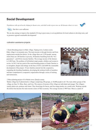 11
Social Development
Populations with special needs, helping in disaster areas, and relief work in poor areas are all domains where we serve.
But this is not sufficient.
We are also aiming to improve the standard of living in poor areas, to set up platforms for local cultures to develop roots, and
to promote regional sustainable development!
cultivation assistance projects
1.Stock-Breeding project in Dahe village, Taiping town, Lushan county
Dahe village is in mountain area. The main income is through forestry and from
employment outside the district. In the village there are 2,250 people, among
whom there are 180 families in poverty, 30 families benefiting from the “five
guarantees” , and 60 low-income families. The average income of the farmers
is 2,200 Yuan. The problem of left-behind single people, children and women is
severe. In 2015, the key point of the stock-breeding project of Jinde Charities is
to strengthen, deepen and enlarge on the base of 2014, and fulfill the sustainable
development of the project. 10 new families entered into the cooperative,
expanding the breeding foundation, developing the technical skills of members
and their comprehensive cooperative organization through a series of training
and instructions.
2.Maca planting project of in Mashu town, Qiaojia county
Mashu village has 8 administrative villages comprising 240 groups, or 36,000 people in all. The main ethnic groups of the
village are Han, Yi, Miao, Buyi, and Lisu. The sources of income of the village are individual and meager. The villagers
mainly plant corn, potatoes and wheat. They breed pigs for bacon, and free-range poultry on a small scale. Working outside
the district has become the main income source of their economy. The average income is 900 Yuan. Maca is a plant of
Villagers from Mashu hope to get rid of the backward
production conditions through planting Maca.
 