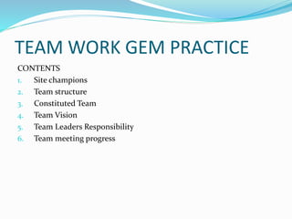 TEAM WORK GEM PRACTICE
CONTENTS
1. Site champions
2. Team structure
3. Constituted Team
4. Team Vision
5. Team Leaders Responsibility
6. Team meeting progress
 