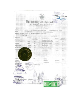 B.A. Mark Sheet Attested Certificate Fahad Zahoor