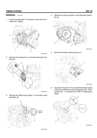 TIMING SYSTEM EM -19
REMOVAL E812C03D
1. Loosen the alternator (1) tensioner screw (2) and re-
move the V-belt(3).
1
3
2
SUDEM7018L
2. Remove the cooling fan (1) and auto cooling fan cou-
pling (2).
1
2
SUDEM7019L
3. Remove the water pump pulley (1) and water pump
assembly (2).
2
1
SUDEM7020L
4. Remove the vacuum pump (1) and alternator assem-
bly (2).
1
2
SUDEM7021L
5. Remove the power steering pump (1).
1
SUDEM7022L
6. Align the timing mark "0" of crankshaft damper pulley
(1) with the indicator (2) of the timing gear case. Then,
cylinder No. 1 is positioned at TDC of compression
stroke.
1
2
SUDEM7023L
 