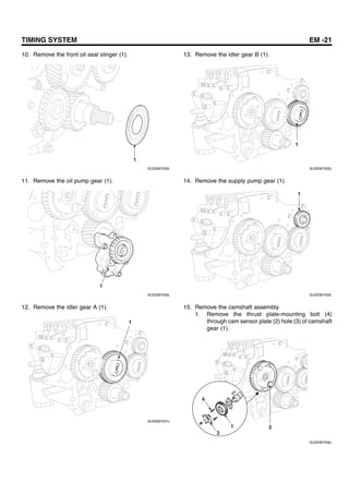 TIMING SYSTEM EM -21
10. Remove the front oil seal slinger (1).
1
SUDEM7029L
11. Remove the oil pump gear (1).
1
SUDEM7030L
12. Remove the idler gear A (1).
1
SUDEM7031L
13. Remove the idler gear B (1).
1
SUDEM7032L
14. Remove the supply pump gear (1).
1
SUDEM7033L
15. Remove the camshaft assembly.
1. Remove the thrust plate-mounting bolt (4)
through cam sensor plate (2) hole (3) of camshaft
gear (1).
1
4
2
3
SUDEM7034L
 