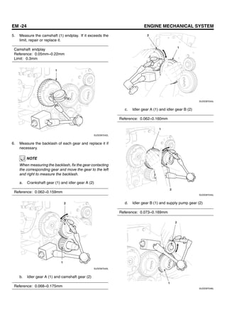 EM -24 ENGINE MECHANICAL SYSTEM
5. Measure the camshaft (1) endplay. If it exceeds the
limit, repair or replace it.
Camshaft endplay
Reference: 0.05mm~0.22mm
Limit: 0.3mm
1
SUDEM7042L
6. Measure the backlash of each gear and replace it if
necessary.
NOTE
When measuring the backlash, fix the gear contacting
the corresponding gear and move the gear to the left
and right to measure the backlash.
a. Crankshaft gear (1) and idler gear A (2)
Reference: 0.062~0.159mm
1
2
SUDEM7043L
b. Idler gear A (1) and camshaft gear (2)
Reference: 0.068~0.175mm
2
1
SUDEM7044L
c. Idler gear A (1) and idler gear B (2)
Reference: 0.062~0.160mm
1
2
SUDEM7045L
d. Idler gear B (1) and supply pump gear (2)
Reference: 0.073~0.169mm
1
2
SUDEM7046L
 