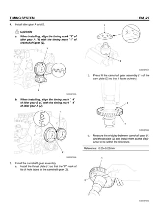 TIMING SYSTEM EM -27
4. Install idler gear A and B.
CAUTION
a. When installing, align the timing mark "1" of
idler gear A (1) with the timing mark "1" of
crankshaft gear (2).
1
2
SUDEM7055L
b. When installing, align the timing mark “ 4”
of idler gear B (1) with the timing mark “ 4”
of idler gear A (2).
1
2
SUDEM7056L
5. Install the camshaft gear assembly.
a. Install the thrust plate (1) so that the "F" mark of
its oil hole faces to the camshaft gear (2).
1
2
SUDEM7057L
b. Press fit the camshaft gear assembly (1) of the
cam plate (2) so that it faces outward.
1
2
SUDEM7058L
c. Measure the endplay between camshaft gear (1)
and thrust plate (2) and install them as the clear-
ance to be within the reference.
Reference: 0.05~0.22mm
1
2
SUDEM7059L
 