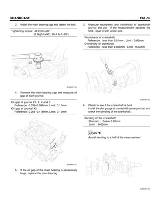 CRANKCASE EM -59
3) Install the main bearing cap and fasten the bolt.
Tightening torque: 49.0 Nm+90
(5.0kgf.m+90 , 36.4 Ib-ft+90 )
SUDEM7170L
4) Remove the main bearing cap and measure oil
gap at each journal.
Oil gap of journal #1, 2, 4 and 5
Reference: 0.036~0.098mm, Limit: 0.15mm
Oil gap of journal #3
Reference: 0.056~0.118mm, Limit: 0.15mm
SUDEM7171L
5) If the oil gap of the main bearing is excessively
large, replace the main bearing.
3. Measure roundness and cylindricity of crankshaft
journal and pin. If the measurement exceeds the
limit, repair it with under size.
Roundness of crankshaft
Reference : less than 0.01mm , Limit : 0.03mm
Cylindricity of crankshaft
Reference : less than 0.006mm , Limit : 0.03mm
SUDEM7172L
4. Check to see if the crankshaft is bent.
Install the dial gauge of crankshaft center journal, and
check the bending of the crankshaft.
Bending of the crankshaft
Standard : Below 0.02mm
Limit : 0.05mm
NOTE
Actual bending is a half of the measurement.
SUDEM7173L
 