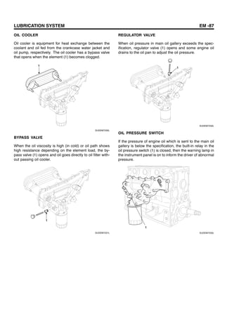 LUBRICATION SYSTEM EM -87
OIL COOLER
Oil cooler is equipment for heat exchange between the
coolant and oil fed from the crankcase water jacket and
oil pump, respectively. The oil cooler has a bypass valve
that opens when the element (1) becomes clogged.
1
SUDEM7230L
BYPASS VALVE
When the oil viscosity is high (in cold) or oil path shows
high resistance depending on the element load, the by-
pass valve (1) opens and oil goes directly to oil filter with-
out passing oil cooler.
1
SUDEM7231L
REGULATOR VALVE
When oil pressure in main oil gallery exceeds the spec-
ification, regulator valve (1) opens and some engine oil
drains to the oil pan to adjust the oil pressure.
1
SUDEM7232L
OIL PRESSURE SWITCH
If the pressure of engine oil which is sent to the main oil
gallery is below the specification, the built-in relay in the
oil pressure switch (1) is closed, then the warning lamp in
the instrument panel is on to inform the driver of abnormal
pressure.
1
SUDEM7233L
 