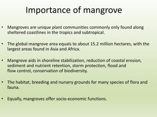 Importance of mangrove
• Mangroves are unique plant communities commonly only found along
sheltered coastlines in the tropics and subtropical.
• The global mangrove area equals to about 15.2 million hectares, with the
largest areas found in Asia and Africa.
• Mangrove aids in shoreline stabilization, reduction of coastal erosion,
sediment and nutrient retention, storm protection, flood and
flow control, conservation of biodiversity.
• The habitat, breeding and nursery grounds for many species of flora and
fauna.
• Equally, mangroves offer socio-economic functions.
 