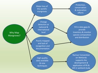 Why Map
Mangroves?
Change
detection at
national &
international
level
Major loss of
the world’s
mangroves
Fill in data gaps &
provide
Inventory & monitor
species composition
and distribution
Protection,
conservation
& restoration
efforts
Poorly mapped
and lack of
recognition and
documentation
Ramsar Convention
on Wetlands
supports the
development &
application of RS &
GIS in wetland study
High quality
data available
& new
techniques
 