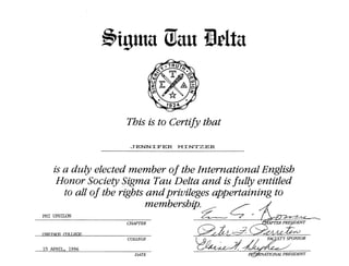 Jennifer Mintzer Sigma Tau Delta Certificate