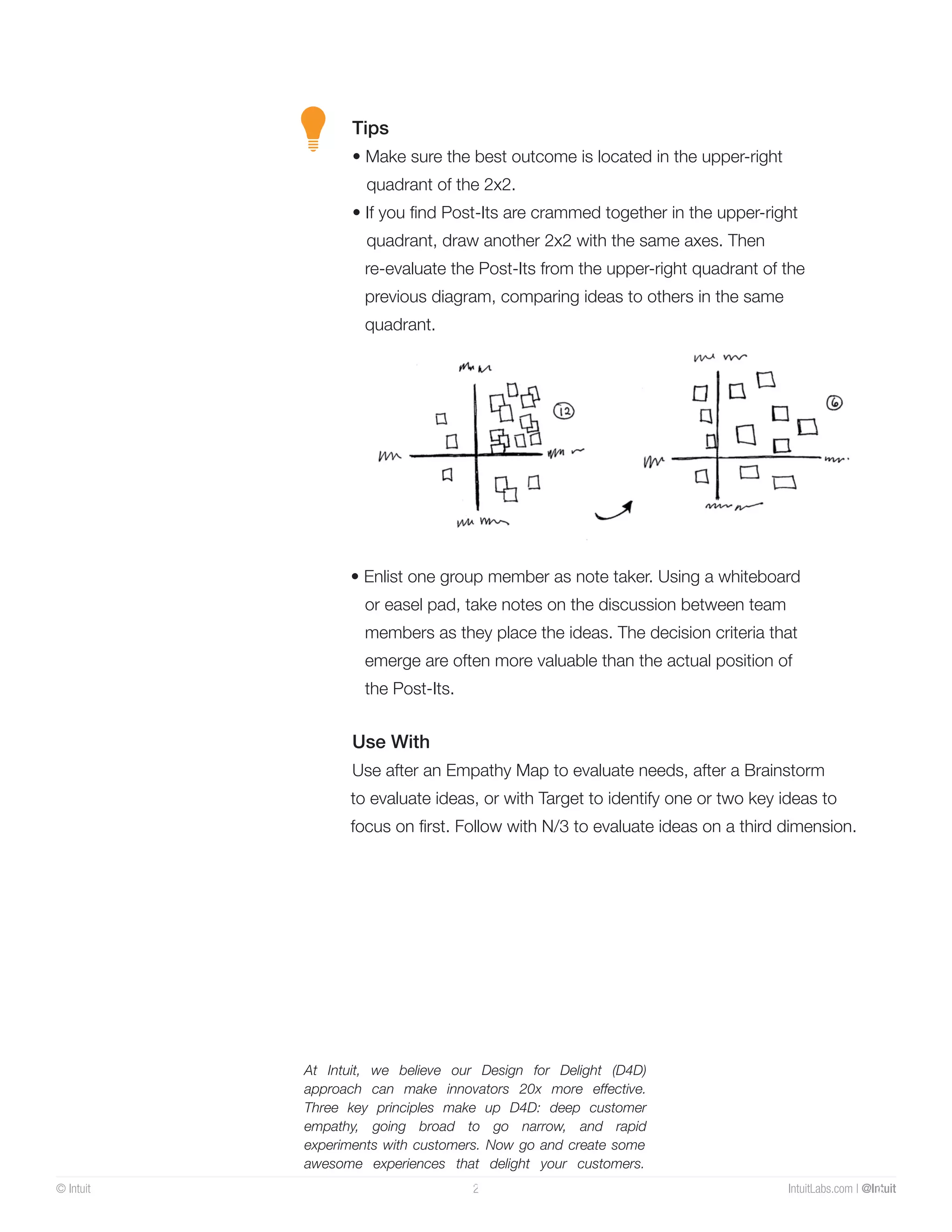 © Intuit INT2UIT IntuitLabs.com | @In2tuit
Tips
• Make sure the best outcome is located in the upper-right
quadrant of the 2x2.
• If you find Post-Its are crammed together in the upper-right
quadrant, draw another 2x2 with the same axes. Then
re-evaluate the Post-Its from the upper-right quadrant of the
previous diagram, comparing ideas to others in the same
quadrant.
• Enlist one group member as note taker. Using a whiteboard
or easel pad, take notes on the discussion between team
members as they place the ideas. The decision criteria that
emerge are often more valuable than the actual position of
the Post-Its.
Use with
Use after an Empathy Map to evaluate needs, after a Brainstorm
to evaluate ideas, or with Target to identify one or two key ideas to
focus on first. Follow with N/3 to evaluate ideas on a third dimension.
At Intuit, we believe our Design for Delight (D4D)
approach can make innovators 20x more effective.
Three key principles make up D4D: deep customer
empathy, going broad to go narrow, and rapid
experiments with customers. Now go and create some
awesome experiences that delight your customers.