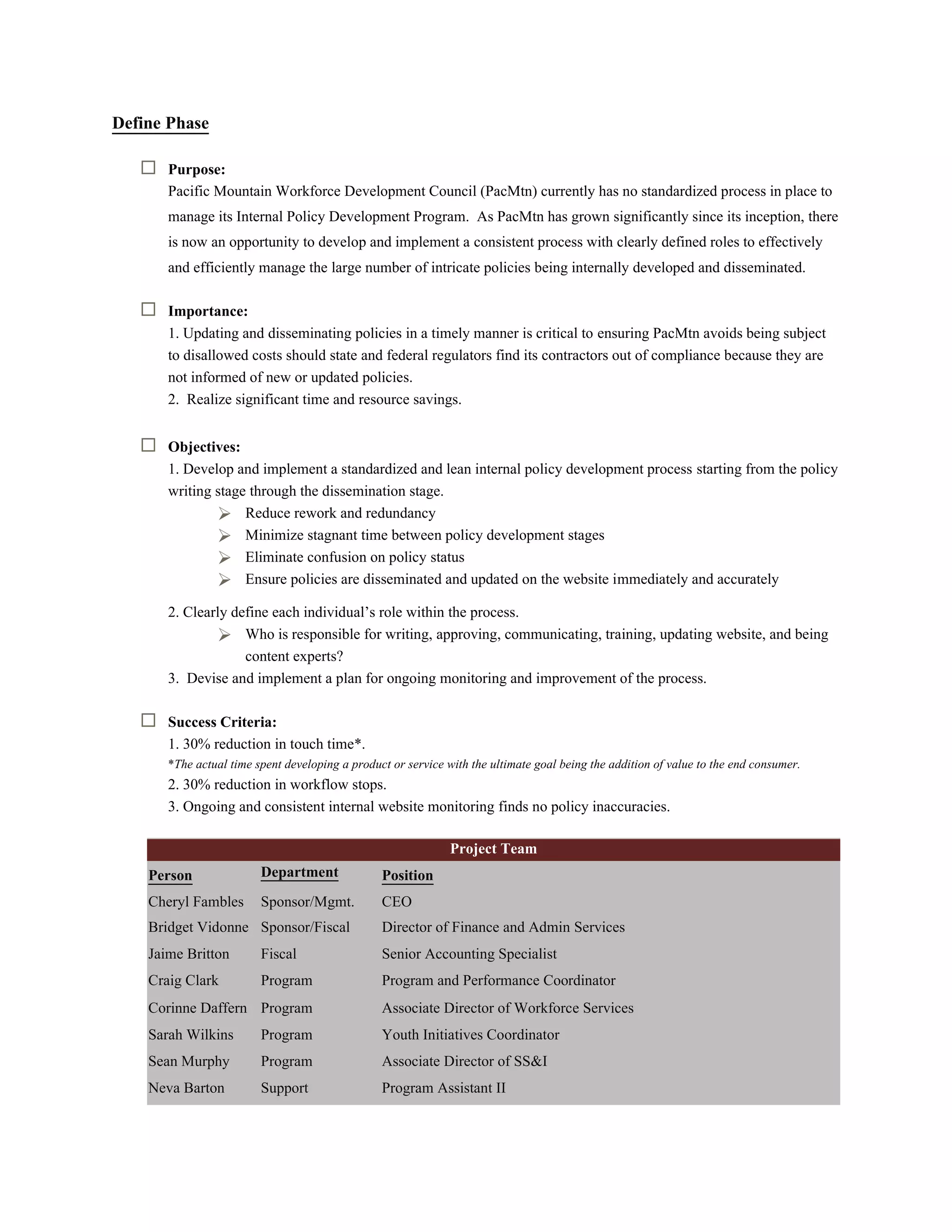 Define Phase
 Purpose:
Pacific Mountain Workforce Development Council (PacMtn) currently has no standardized process in place to
manage its Internal Policy Development Program. As PacMtn has grown significantly since its inception, there
is now an opportunity to develop and implement a consistent process with clearly defined roles to effectively
and efficiently manage the large number of intricate policies being internally developed and disseminated.
 Importance:
1. Updating and disseminating policies in a timely manner is critical to ensuring PacMtn avoids being subject
to disallowed costs should state and federal regulators find its contractors out of compliance because they are
not informed of new or updated policies.
2. Realize significant time and resource savings.
 Objectives:
1. Develop and implement a standardized and lean internal policy development process starting from the policy
writing stage through the dissemination stage.
 Reduce rework and redundancy
 Minimize stagnant time between policy development stages
 Eliminate confusion on policy status
 Ensure policies are disseminated and updated on the website immediately and accurately
2. Clearly define each individual’s role within the process.
 Who is responsible for writing, approving, communicating, training, updating website, and being
content experts?
3. Devise and implement a plan for ongoing monitoring and improvement of the process.
 Success Criteria:
1. 30% reduction in touch time*.
*The actual time spent developing a product or service with the ultimate goal being the addition of value to the end consumer.
2. 30% reduction in workflow stops.
3. Ongoing and consistent internal website monitoring finds no policy inaccuracies.
Project Team
Person Department Position
Cheryl Fambles
Bridget Vidonne
Sponsor/Mgmt.
Sponsor/Fiscal
CEO
Director of Finance and Admin Services
Jaime Britton Fiscal Senior Accounting Specialist
Craig Clark Program Program and Performance Coordinator
Corinne Daffern Program Associate Director of Workforce Services
Sarah Wilkins Program Youth Initiatives Coordinator
Sean Murphy Program Associate Director of SS&I
Neva Barton Support Program Assistant II
 