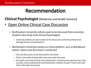 Clinical Psychologist (Medicine and Health Science)
• Open Online Clinical Case Discussion
– Northeastern University collects cases to be discussed from university
students who study to be Clinical Psychologists
• University students are able to observe the discussions worked by professionals
although they do not participate it
– Northeastern University creates an online platform, such as Blackboard
system, where case discussion is conducted
• One case discussion can be discussed for two weeks
• There is one week of break after every two-week discussion
• During the one week of break time, Northeastern University also organizes free meet-
up event, where professionals and Northeastern students can get in touch with each
other informally and casually
 