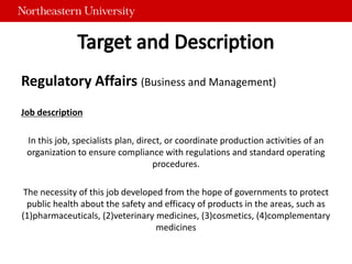 Regulatory Affairs (Business and Management)
Job description
In this job, specialists plan, direct, or coordinate production activities of an
organization to ensure compliance with regulations and standard operating
procedures.
The necessity of this job developed from the hope of governments to protect
public health about the safety and efficacy of products in the areas, such as
(1)pharmaceuticals, (2)veterinary medicines, (3)cosmetics, (4)complementary
medicines
 