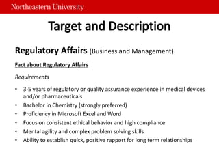 Regulatory Affairs (Business and Management)
Fact about Regulatory Affairs
Requirements
• 3-5 years of regulatory or quality assurance experience in medical devices
and/or pharmaceuticals
• Bachelor in Chemistry (strongly preferred)
• Proficiency in Microsoft Excel and Word
• Focus on consistent ethical behavior and high compliance
• Mental agility and complex problem solving skills
• Ability to establish quick, positive rapport for long term relationships
 