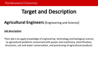 Agricultural Engineers (Engineering and Science)
Job description
Their job is to apply knowledge of engineering technology and biological science
to agricultural problems concerned with power and machinery, electrification,
structures, soil and water conservation, and processing of agricultural products.
 