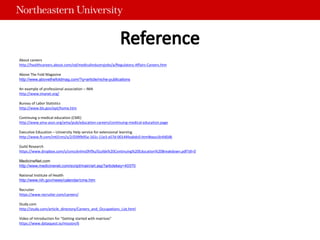 About careers
http://healthcareers.about.com/od/medicalindustryjobs/a/Regulatory-Affairs-Careers.htm
Above The Fold Magazine
http://www.abovethefoldmag.com/?q=article/niche-publications
An example of professional association – IMA
http://www.imanet.org/
Bureau of Labor Statistics
http://www.bls.gov/ept/home.htm
Continuing a medical education (CME)
http://www.ama-assn.org/ama/pub/education-careers/continuing-medical-education.page
Executive Education – University Help service for extensional learning
http://www.ft.com/intl/cms/s/2/039fb95a-161c-11e3-a57d-00144feabdc0.html#axzz3infd0J8i
Guild Research
https://www.dropbox.com/s/cvnccknlmz0hf9u/Guildx%20Continuing%20Education%20Breakdown.pdf?dl=0
MedicineNet.com
http://www.medicinenet.com/script/main/art.asp?articlekey=40370
National Institute of Health
http://www.nih.gov/news/calendar/cme.htm
Recruiter
https://www.recruiter.com/careers/
Study.com
http://study.com/article_directory/Careers_and_Occupations_List.html
Video of Introduction for “Getting started with matrices”
https://www.dataquest.io/mission/6
 