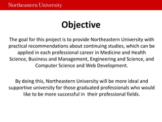 Objective
The goal for this project is to provide Northeastern University with
practical recommendations about continuing studies, which can be
applied in each professional career in Medicine and Health
Science, Business and Management, Engineering and Science, and
Computer Science and Web Development.
By doing this, Northeastern University will be more ideal and
supportive university for those graduated professionals who would
like to be more successful in their professional fields.
 