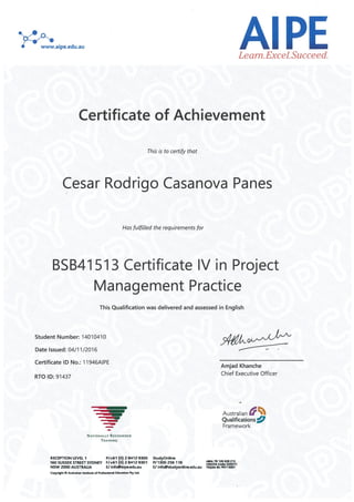Certificate IV in Project Management - Certification of Achievement and Mark