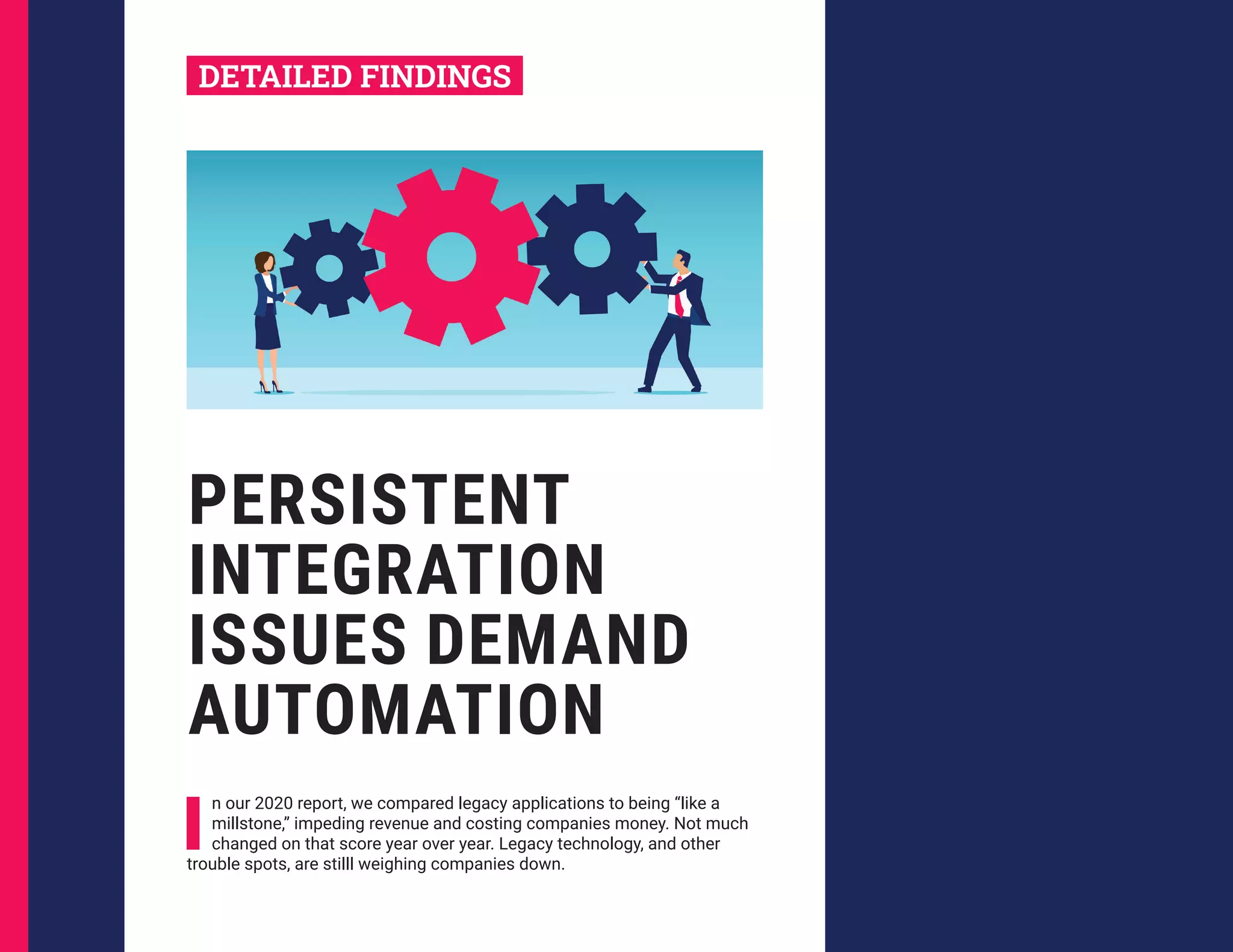 PERSISTENT
INTEGRATION
ISSUES DEMAND
AUTOMATION
I
n our 2020 report, we compared legacy applications to being “like a
millstone,” impeding revenue and costing companies money. Not much
changed on that score year over year. Legacy technology, and other
trouble spots, are stilll weighing companies down.
DETAILED FINDINGS
 