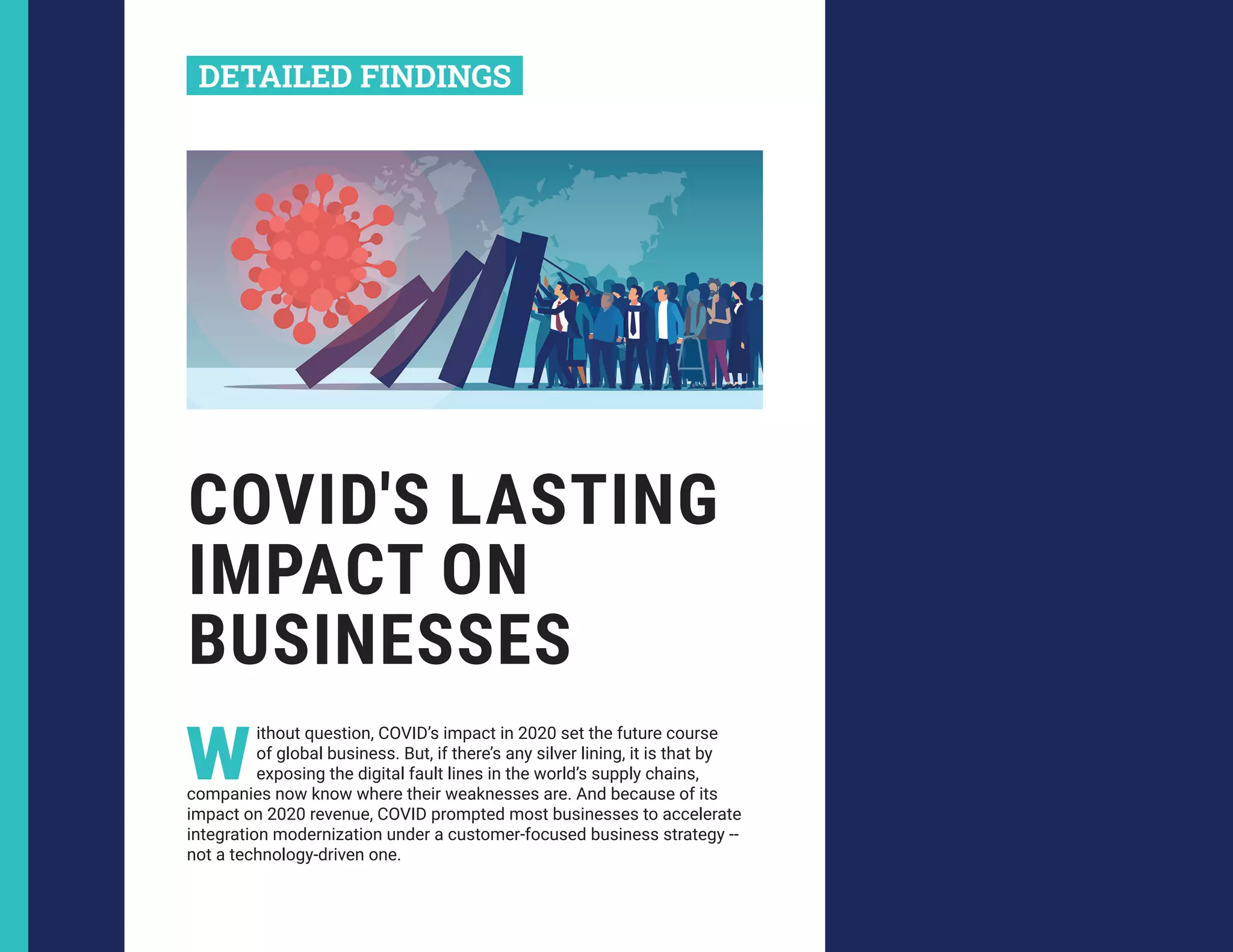COVID'S LASTING
IMPACT ON
BUSINESSES
W
ithout question, COVID’s impact in 2020 set the future course
of global business. But, if there’s any silver lining, it is that by
exposing the digital fault lines in the world’s supply chains,
companies now know where their weaknesses are. And because of its
impact on 2020 revenue, COVID prompted most businesses to accelerate
integration modernization under a customer-focused business strategy --
not a technology-driven one.
DETAILED FINDINGS
 