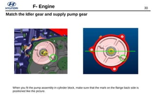 30F- Engine
When you fit the pump assembly in cylinder block, make sure that the mark on the flange back side is
positioned like the picture.
Match the Idler gear and supply pump gear
 