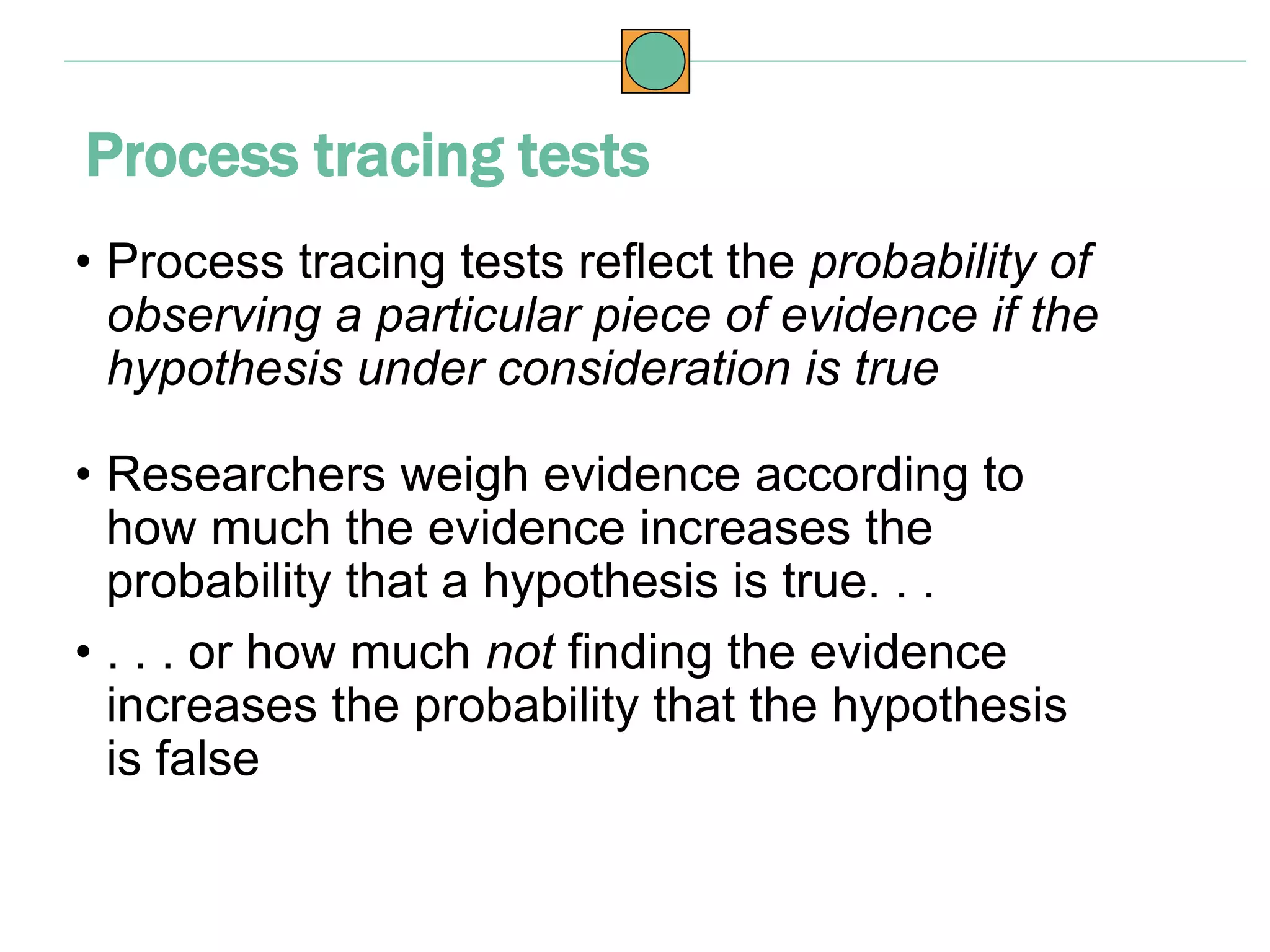 • Process tracing tests reflect the probability of
observing a particular piece of evidence if the
hypothesis under consideration is true
• Researchers weigh evidence according to
how much the evidence increases the
probability that a hypothesis is true. . .
• . . . or how much not finding the evidence
increases the probability that the hypothesis
is false
Process tracing tests
 