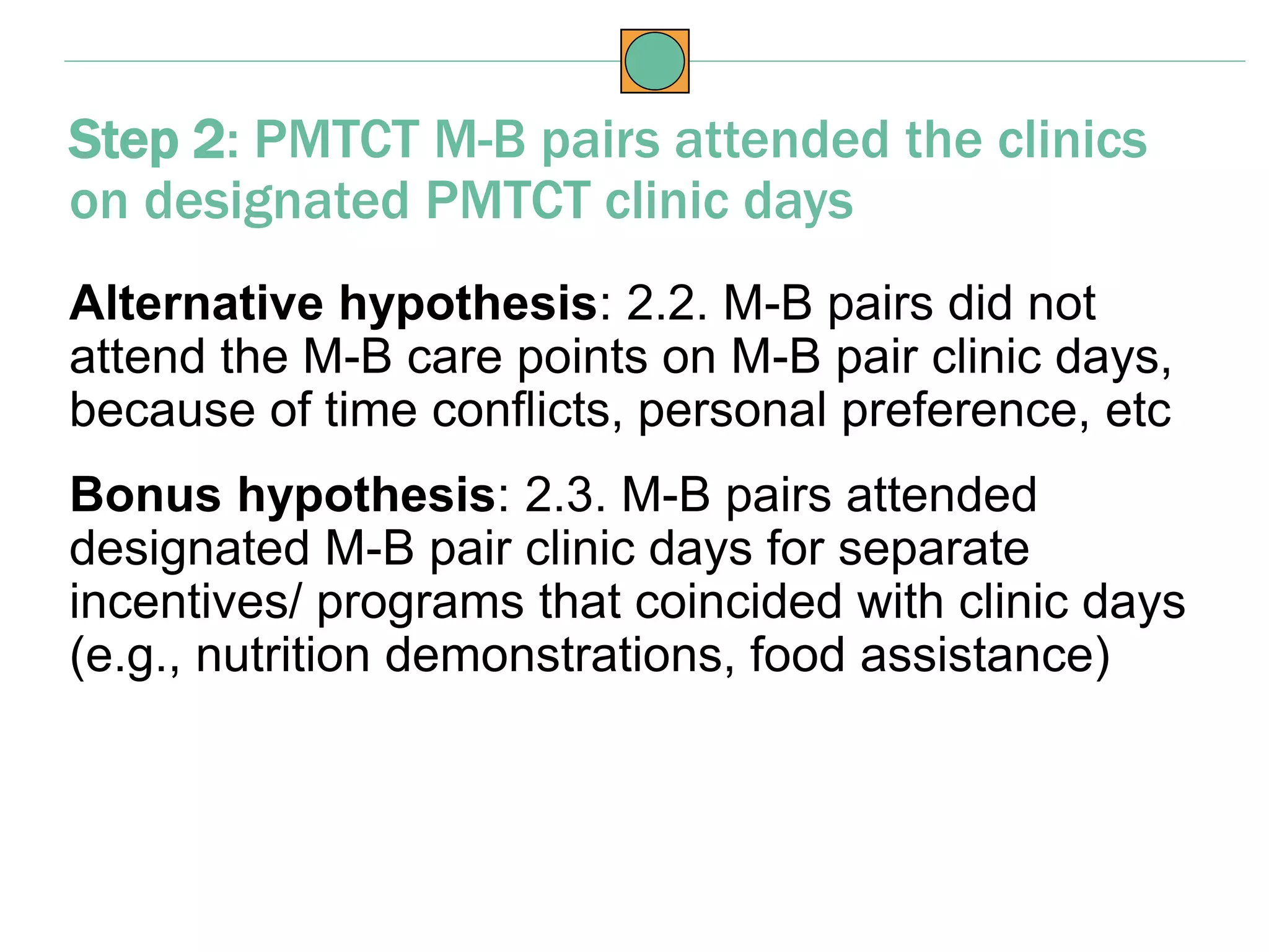 Alternative hypothesis: 2.2. M-B pairs did not
attend the M-B care points on M-B pair clinic days,
because of time conflicts, personal preference, etc
Bonus hypothesis: 2.3. M-B pairs attended
designated M-B pair clinic days for separate
incentives/ programs that coincided with clinic days
(e.g., nutrition demonstrations, food assistance)
Step 2: PMTCT M-B pairs attended the clinics
on designated PMTCT clinic days
 