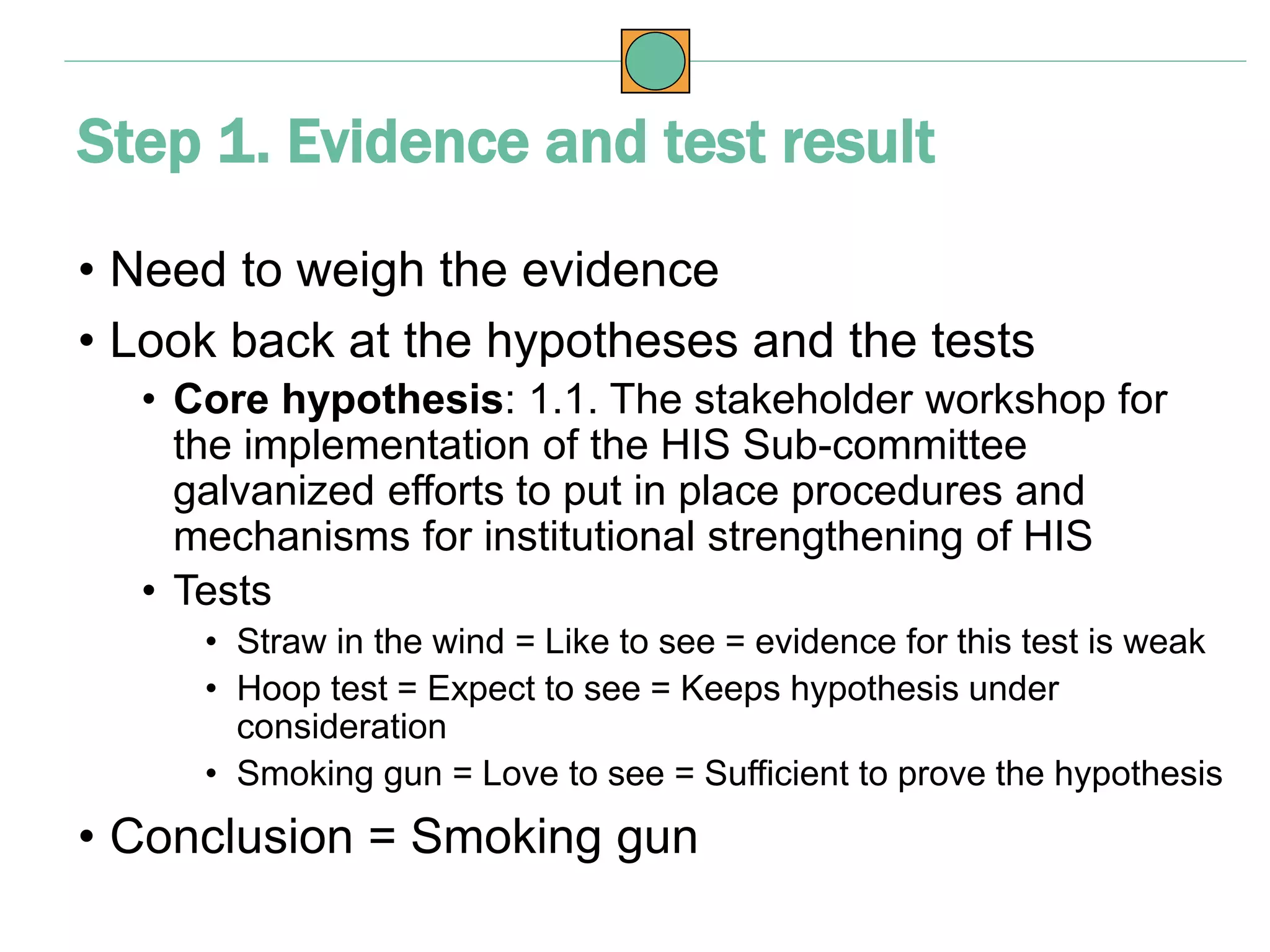 • Need to weigh the evidence
• Look back at the hypotheses and the tests
• Core hypothesis: 1.1. The stakeholder workshop for
the implementation of the HIS Sub-committee
galvanized efforts to put in place procedures and
mechanisms for institutional strengthening of HIS
• Tests
• Straw in the wind = Like to see = evidence for this test is weak
• Hoop test = Expect to see = Keeps hypothesis under
consideration
• Smoking gun = Love to see = Sufficient to prove the hypothesis
• Conclusion = Smoking gun
Step 1. Evidence and test result
 