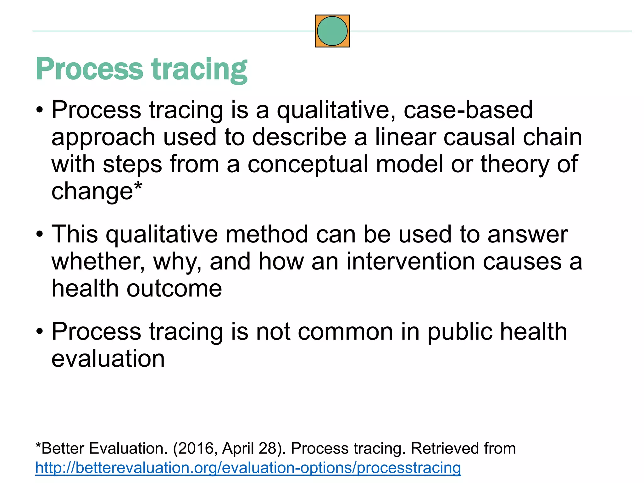 • Process tracing is a qualitative, case-based
approach used to describe a linear causal chain
with steps from a conceptual model or theory of
change*
• This qualitative method can be used to answer
whether, why, and how an intervention causes a
health outcome
• Process tracing is not common in public health
evaluation
Process tracing
*Better Evaluation. (2016, April 28). Process tracing. Retrieved from
http://betterevaluation.org/evaluation-options/processtracing
 