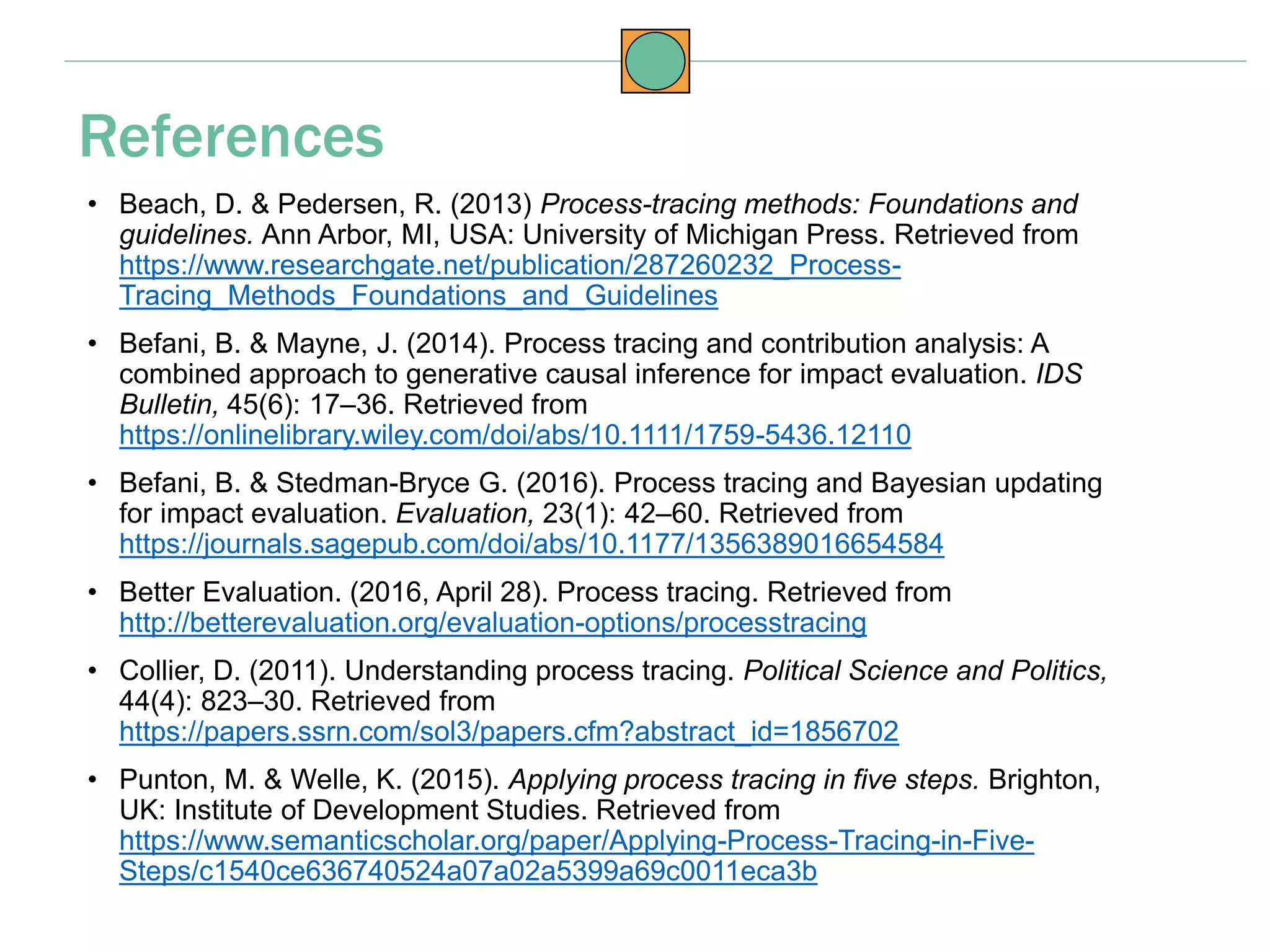 • Beach, D. & Pedersen, R. (2013) Process-tracing methods: Foundations and
guidelines. Ann Arbor, MI, USA: University of Michigan Press. Retrieved from
https://www.researchgate.net/publication/287260232_Process-
Tracing_Methods_Foundations_and_Guidelines
• Befani, B. & Mayne, J. (2014). Process tracing and contribution analysis: A
combined approach to generative causal inference for impact evaluation. IDS
Bulletin, 45(6): 17–36. Retrieved from
https://onlinelibrary.wiley.com/doi/abs/10.1111/1759-5436.12110
• Befani, B. & Stedman-Bryce G. (2016). Process tracing and Bayesian updating
for impact evaluation. Evaluation, 23(1): 42–60. Retrieved from
https://journals.sagepub.com/doi/abs/10.1177/1356389016654584
• Better Evaluation. (2016, April 28). Process tracing. Retrieved from
http://betterevaluation.org/evaluation-options/processtracing
• Collier, D. (2011). Understanding process tracing. Political Science and Politics,
44(4): 823–30. Retrieved from
https://papers.ssrn.com/sol3/papers.cfm?abstract_id=1856702
• Punton, M. & Welle, K. (2015). Applying process tracing in five steps. Brighton,
UK: Institute of Development Studies. Retrieved from
https://www.semanticscholar.org/paper/Applying-Process-Tracing-in-Five-
Steps/c1540ce636740524a07a02a5399a69c0011eca3b
References
 
