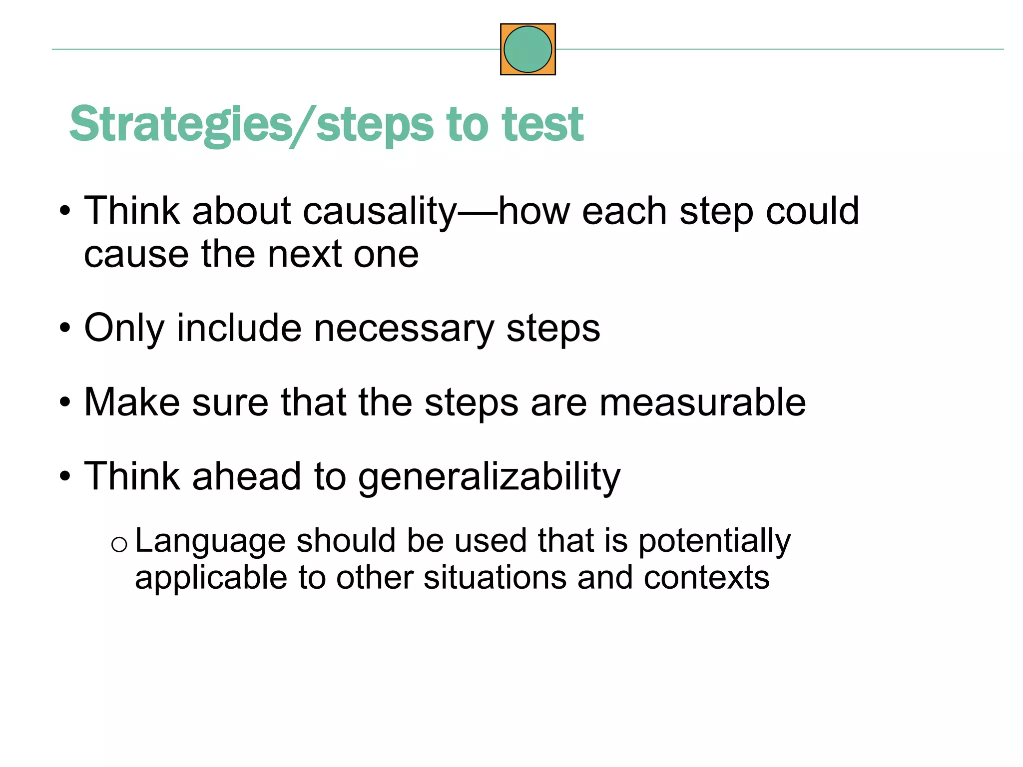 • Think about causality—how each step could
cause the next one
• Only include necessary steps
• Make sure that the steps are measurable
• Think ahead to generalizability
oLanguage should be used that is potentially
applicable to other situations and contexts
Strategies/steps to test
 
