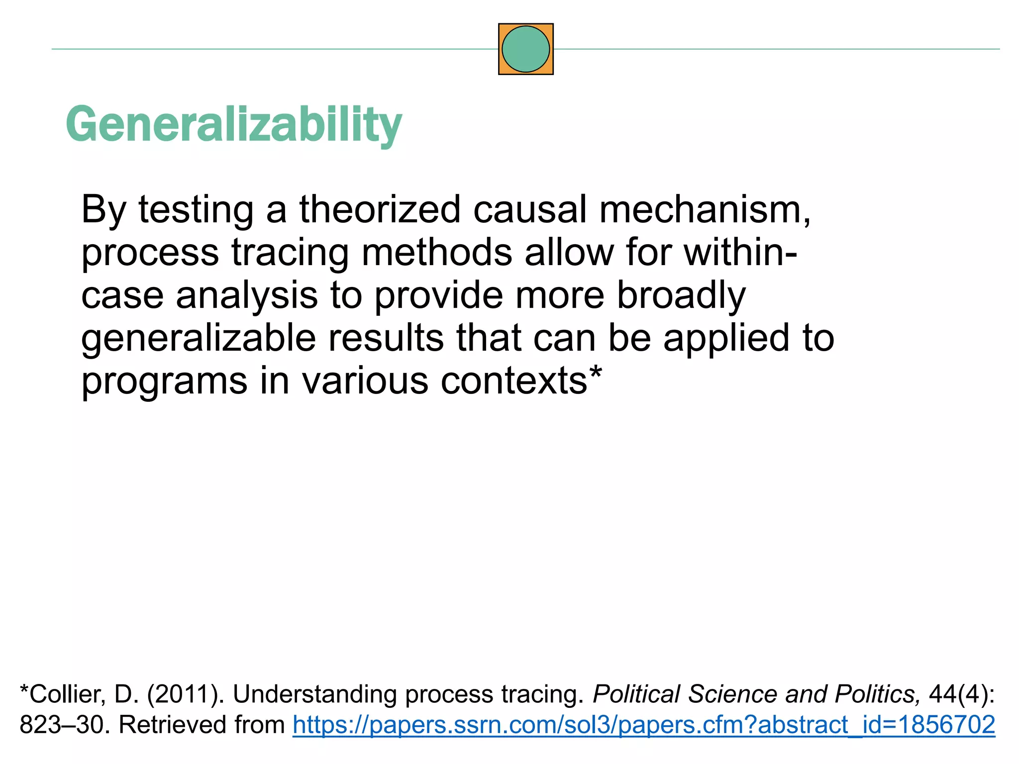 By testing a theorized causal mechanism,
process tracing methods allow for within-
case analysis to provide more broadly
generalizable results that can be applied to
programs in various contexts*
Generalizability
*Collier, D. (2011). Understanding process tracing. Political Science and Politics, 44(4):
823–30. Retrieved from https://papers.ssrn.com/sol3/papers.cfm?abstract_id=1856702
 