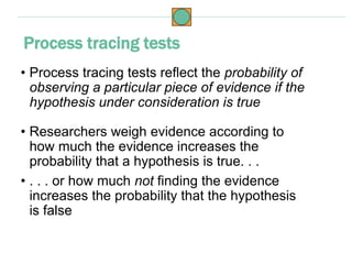 • Process tracing tests reflect the probability of
observing a particular piece of evidence if the
hypothesis under consideration is true
• Researchers weigh evidence according to
how much the evidence increases the
probability that a hypothesis is true. . .
• . . . or how much not finding the evidence
increases the probability that the hypothesis
is false
Process tracing tests
 