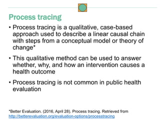 • Process tracing is a qualitative, case-based
approach used to describe a linear causal chain
with steps from a conceptual model or theory of
change*
• This qualitative method can be used to answer
whether, why, and how an intervention causes a
health outcome
• Process tracing is not common in public health
evaluation
Process tracing
*Better Evaluation. (2016, April 28). Process tracing. Retrieved from
http://betterevaluation.org/evaluation-options/processtracing
 
