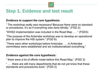 • Need to weigh the evidence
• Look back at the hypotheses and the tests
• Core hypothesis: 1.1. The stakeholder workshop ...