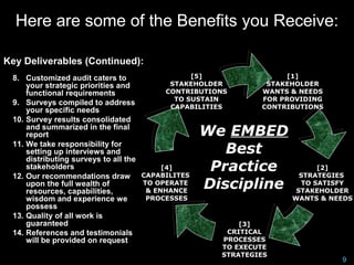 Here are some of the Benefits you Receive:

Key Deliverables (Continued):
 8. Customized audit caters to                    [5]                    [1]
     your strategic priorities and          STAKEHOLDER             STAKEHOLDER
     functional requirements               CONTRIBUTIONS           WANTS & NEEDS
                                              TO SUSTAIN           FOR PROVIDING
 9. Surveys compiled to address
                                            CAPABILITIES           CONTRIBUTIONS
     your specific needs
 10. Survey results consolidated
     and summarized in the final
     report                                     We EMBED
 11. We take responsibility for
     setting up interviews and                     Best
     distributing surveys to all the
     stakeholders                         [4]    Practice                        [2]
 12. Our recommendations draw CAPABILITES                                    STRATEGIES
     upon the full wealth of
     resources, capabilities,
                                     TO OPERATE
                                      & ENHANCE
                                                Discipline                   TO SATISFY
                                                                           STAKEHOLDER
     wisdom and experience we         PROCESSES                           WANTS & NEEDS
     possess
 13. Quality of all work is
     guaranteed                                              [3]
 14. References and testimonials                          CRITICAL
     will be provided on request                         PROCESSES
                                                     TO EXECUTE
                                                     STRATEGIES
                                                                                    9
 