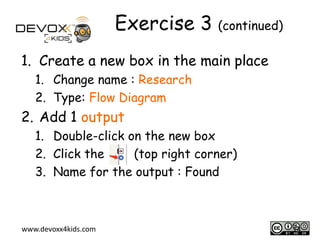 Exercise 3 (continued)
1. Create a new box in the main place
1. Change name : Research
2. Type: Flow Diagram

2. Add 1 output
1. Double-click on the new box
2. Click the
(top right corner)
3. Name for the output : Found

www.devoxx4kids.com

14

 