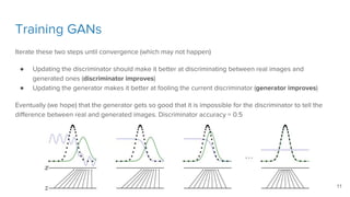 Training GANs
Iterate these two steps until convergence (which may not happen)
● Updating the discriminator should make it better at discriminating between real images and
generated ones (discriminator improves)
● Updating the generator makes it better at fooling the current discriminator (generator improves)
Eventually (we hope) that the generator gets so good that it is impossible for the discriminator to tell the
difference between real and generated images. Discriminator accuracy = 0.5
11
 