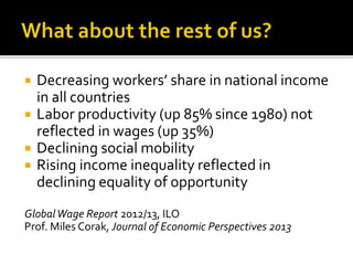  Decreasing workers’ share in national income
in all countries
 Labor productivity (up 85% since 1980) not
reflected in wages (up 35%)
 Declining social mobility
 Rising income inequality reflected in
declining equality of opportunity
GlobalWage Report 2012/13, ILO
Prof. Miles Corak, Journal of Economic Perspectives 2013
 