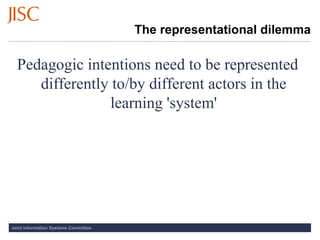 Pedagogic intentions need to be represented differently to/by different actors in the learning 'system' The representational dilemma 