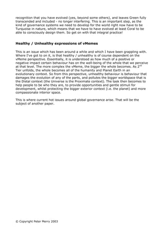 recognition that you have evolved (yes, beyond some others), and leaves Green fully
transcended and included - no longer interfering. This is an important step, as the
kind of governance systems we need to develop for the world right now have to be
Turquoise in nature, which means that we have to have evolved at least Coral to be
able to consciously design them. So get on with that integral practice!


Healthy / Unhealthy expressions of vMemes

This is an issue which has been around a while and which I have been grappling with.
Where I've got to on it, is that healthy / unhealthy is of course dependent on the
vMeme perspective. Essentially, it is understood as how much of a positive or
negative impact certain behaviour has on the well-being of the whole that we perceive
at that level. The more complex the vMeme, the bigger the whole becomes. As 2nd
Tier unfolds, the whole becomes all of the humanity and Planet Earth in an
evolutionary context. So from this perspective, unhealthy behaviour is behaviour that
damages the evolution of any of the parts, and pollutes the bigger worldspace that is
the Distal context (the Universe is the Proximate context). The task then becomes to
help people to be who they are, to provide opportunities and gentle stimuli for
development, whilst protecting the bigger exterior context (i.e. the planet) and more
compassionate interior space.

This is where current hot issues around global governance arise. That will be the
subject of another paper.




© Copyright Peter Merry 2003                                                                              Digitally signed
                                                                                                          by Peter Merry

                                                                                            Peter Merry   DN: cn=Peter
                                                                                                          Merry, o=Engage
                                                                                                          InterAct, c=NL
                                                                                                          Date: 2003.06.20
                                                                             Signature                    15:17:04 +02'00'
                                                                             Not Verified
 