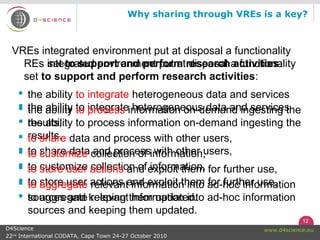 12
www.d4science.euD4Science
22nd
International CODATA, Cape Town 24-27 October 2010
Why sharing through VREs is a key?
REs integrated environment put at disposal a functionality
set to support and perform research activities:
 the ability to integrate heterogeneous data and services
 the ability to process information on-demand ingesting the
results,
 to share data and process with other users,
 to customize collection of information,
 to store user actions and exploit them for further use,
 to aggregate relevant information into ad-hoc information
sources and keeping them updated.
VREs integrated environment put at disposal a functionality
set to support and perform research activities:
 the ability to integrate heterogeneous data and services
 the ability to process information on-demand ingesting the
results,
 to share data and process with other users,
 to customize collection of information,
 to store user actions and exploit them for further use,
 to aggregate relevant information into ad-hoc information
sources and keeping them updated.
 