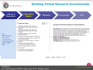 14
www.d4science.euD4Science
22nd
International CODATA, Cape Town 24-27 October 2010
Building Virtual Research Environments
 