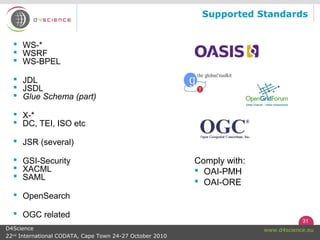 31
www.d4science.euD4Science
22nd
International CODATA, Cape Town 24-27 October 2010
Supported Standards
 WS-*
 WSRF
 WS-BPEL
 JDL
 JSDL
 Glue Schema (part)
 X-*
 DC, TEI, ISO etc
 JSR (several)
 GSI-Security
 XACML
 SAML
 OpenSearch
 OGC related
Comply with:
 OAI-PMH
 OAI-ORE
 
