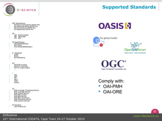32
www.d4science.euD4Science
22nd
International CODATA, Cape Town 24-27 October 2010
Supported Standards
SRF Specifications
• WS-ResourceProperties (WSRF-RP)
• WS-ResourceLifetime (WSRF-RL)
• WS-ServiceGroup (WSRF-SG)
• WS-BaseFaults (WSRF-BF)
SR
• 168 : Simple Portlets
• 286 : 186 update
• 160 : JMX
SN Specifications:
• WS-BaseNotification
• WS-Topics
• (WS-BrokeredNotification)
• ….
S-* Standards
• SOAP
• WSDL
• WS-Addressing
• ….
SO:
• ISO3166 countries
• ISO4217 currencies
• ISO19115 geo-location
• ….
-*
• XML
• XSD
• XSL
• XSLT
• xPath
• xQuery
GC
• Web Coverage Processing Service
• Web Coverage Service
• Web Feature Service
• Web Map Context
• Web Map Service
• Web Map Tile Service
• Web Processing Service
• Web Service Common
GF Standard:
• Glue Schema (2)
…….
Comply with:
 OAI-PMH
 OAI-ORE
 