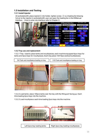 10
1.5.2 Tray use and replacement
1.5.1 Install Injector
At workstation#3, place injector① into holder, tighten screw. ② is a heating fan blowing
hot air to the injector in workstation#3,user can open the heating fan in the #3Manual
Interface.（How to enter into Interface refer to Chapter 3）
1.5.2.2 Load tanks: place 100pcs tanks over the tray with the filling port facing up. Each
time loading 2pcs trays into the machine.
1.5.2.1 Tray: Used to place tanks and mouthpieces, each machine equipped 4pcs trays for
tanks and 4pcs trays for mouthpieces.Each tray place 10X10pcs tanks(mouthpieces).
1.5.2.3 Load mouthpiece: each time loading 2pcs trays into the machine.
Left 2pcs tray loading tanks
1.5 Installation and Testing
②
①
Right 2pcs tray loading mouthpieces
D4 Tank and mouthpiece loading on tray V18 Tank and mouthpiece loading on tray
 
